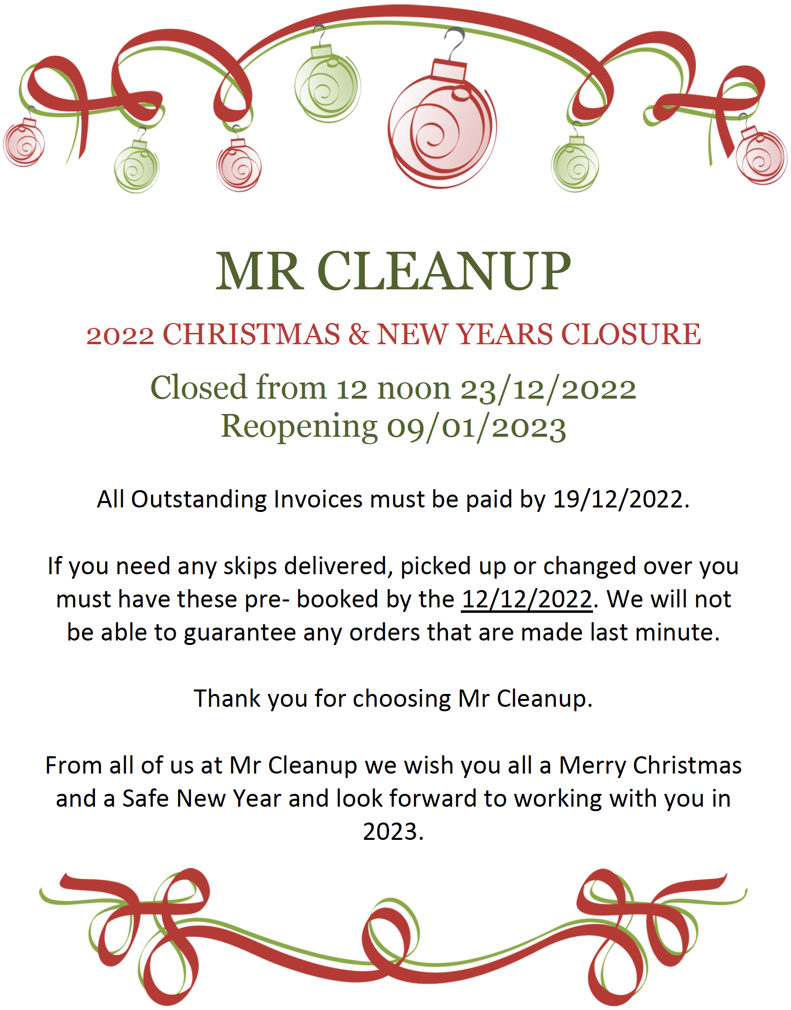 Christmas Closure 2022